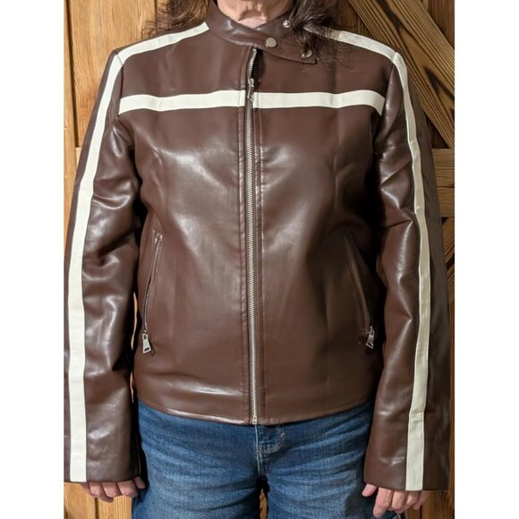 Women's Brown Faux Leather Zip Up Moto Biker Y2K Racing Bomber Jackets - Picture 2 of 7